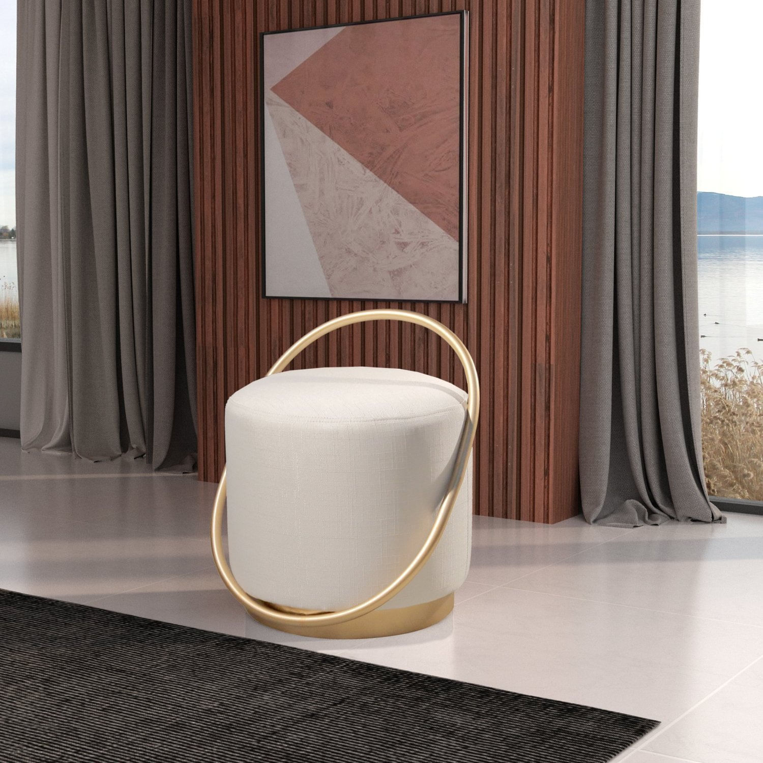 Puff Redondo 50cm Em Linho Com Base Lunar Bege Claro/dourado