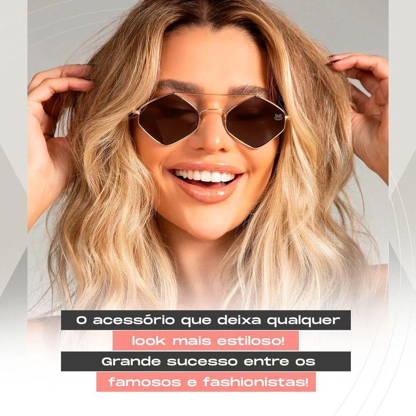 Oculos Sol Feminino Proteção Uv Marrom Metal Losango + Case Casual Praia Proteção Uv Hype Moda Verão - imagem 4