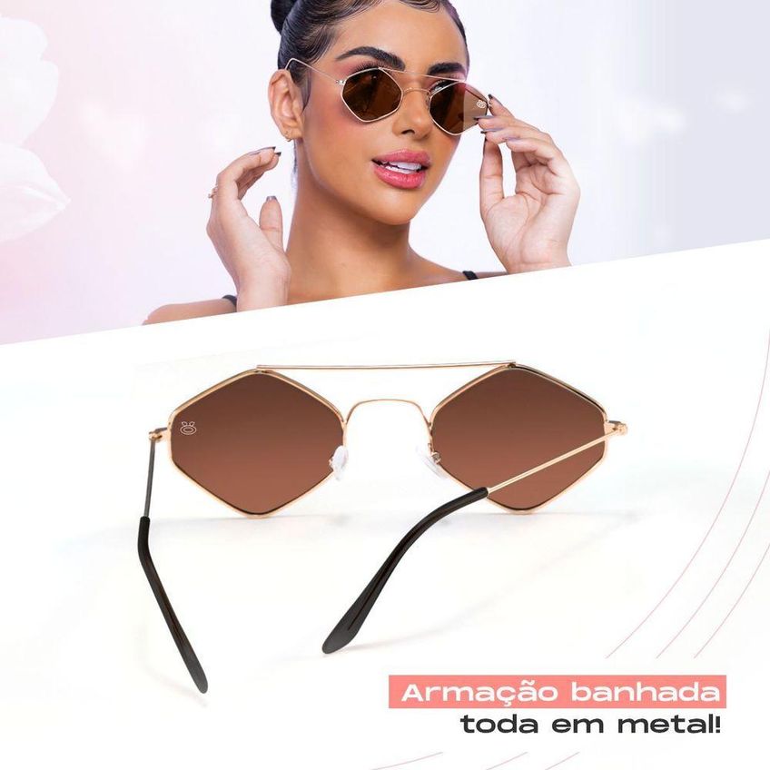Oculos Sol Feminino Proteção Uv Marrom Metal Losango + Case Casual Praia Proteção Uv Hype Moda Verão - imagem 5