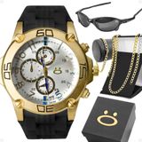 Relogio Masculino Aço + Cordao Pulseira + Oculos Sol + Caixa Qualidade Premium Banhado Dourado Preto