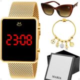 Relogio Feminino Led Dourado + Caixa + Pulseira + Oculos Gatinho Proteção Uv Social Casual Moda