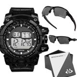 Oculos Proteção Uv + Relogio Masculino Prova Dagua Digital Resistente Acetato Alarme Cronometro Data