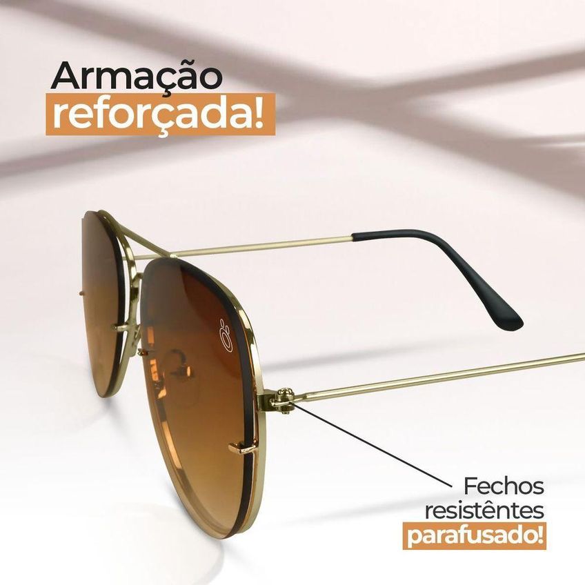 Oculos Sol Feminino Aço Inoxidavel Marrom Aviador + Case Presente Lente Marrom Armação Dourada - imagem 3