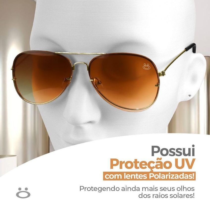 Oculos Sol Feminino Aço Inoxidavel Marrom Aviador + Case Presente Lente Marrom Armação Dourada - imagem 4