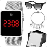 Oculos Sol + Caixa + Relogio Feminino Prata Led + Pulseira Casual Moda Ajustável Presente Quadrado