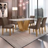 Conjunto Sala De Jantar Mesa 160x80cm Tampo Mdf/vidro Com 6 Cadeiras Espanha Yescasa Ypê/off White/marrom