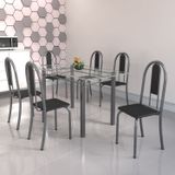 Conjunto De Mesa Tubular 6 Cadeiras 140cm Com Tampo De Vidro Iris Preto/prata