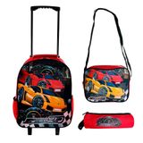 Mochila Escolar Rodinhas Infantil Estojo Lancheira Carrinho