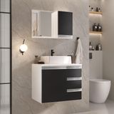 Conjunto Gabinete Banheiro Prisma 60cm - Gabinete + Cuba + Espelheira Branco Preto