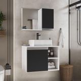 Conjunto Gabinete Banheiro Virtus 60cm - Gabinete + Cuba + Espelheira Branco Preto