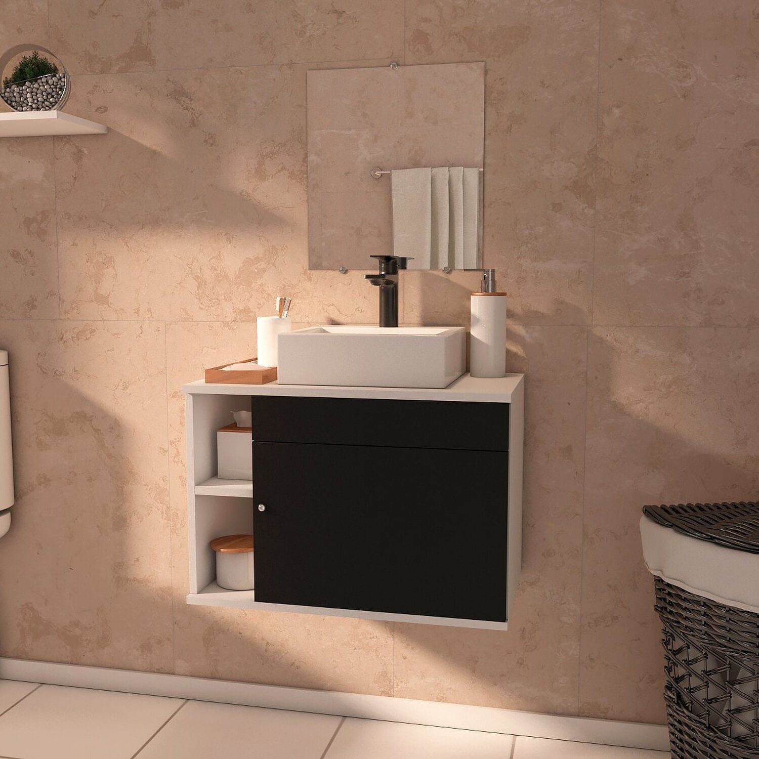 Gabinete Armário Para Banheiro Com Espelho E Cuba Mármore Sintético 60cm Preto