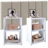 Kit 2 Mesinhas Pequena Prateleira Lateral Cama Bella Branco Cabeceira Queen 1,60 Estofado Bege Suede Júlia Quarto - Rpm