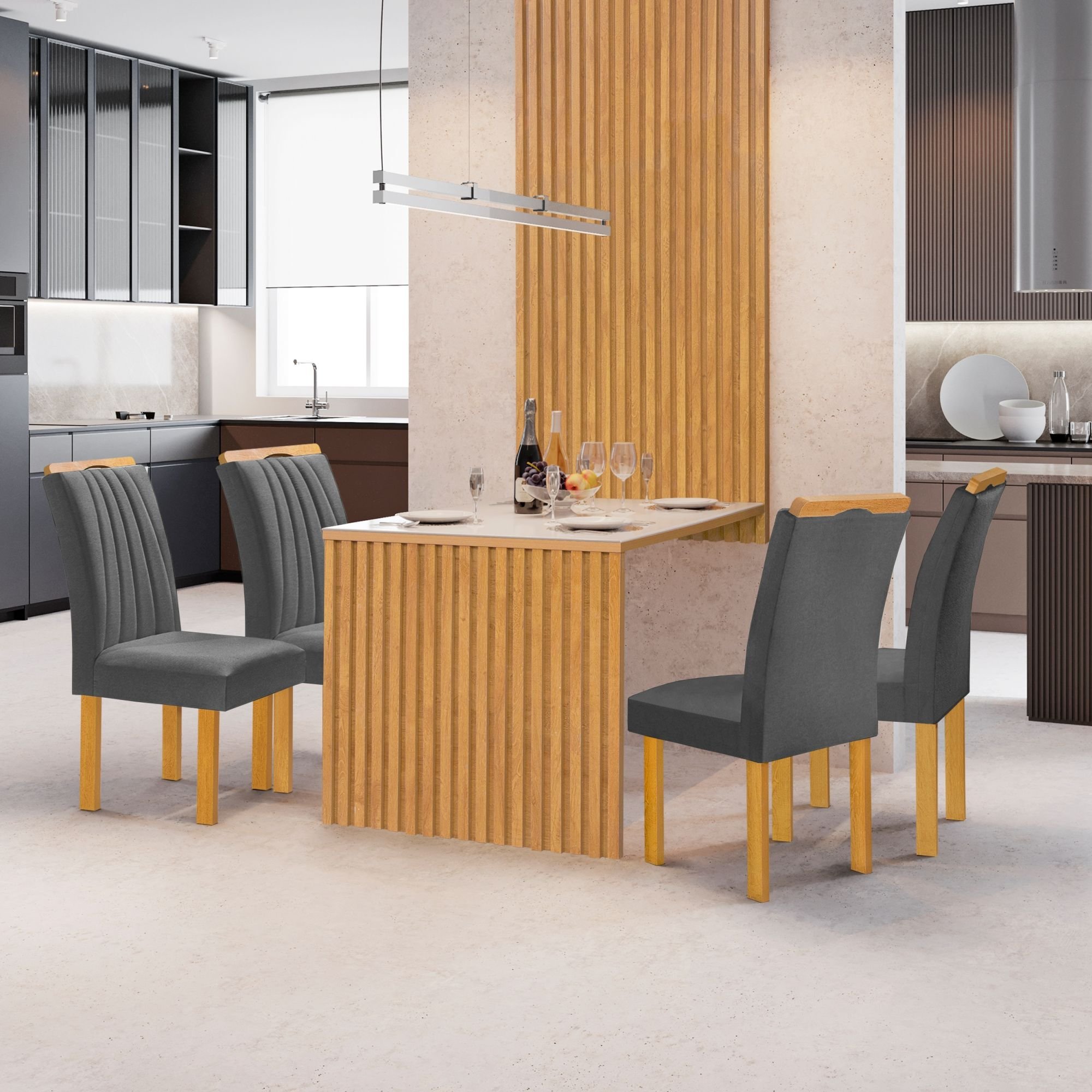 Conjunto Mesa Bella Ripada 120cm Com 4 Cadeiras Arizona Tampo Bella Com Vidro Cinamomo/off White/veludo Cinza