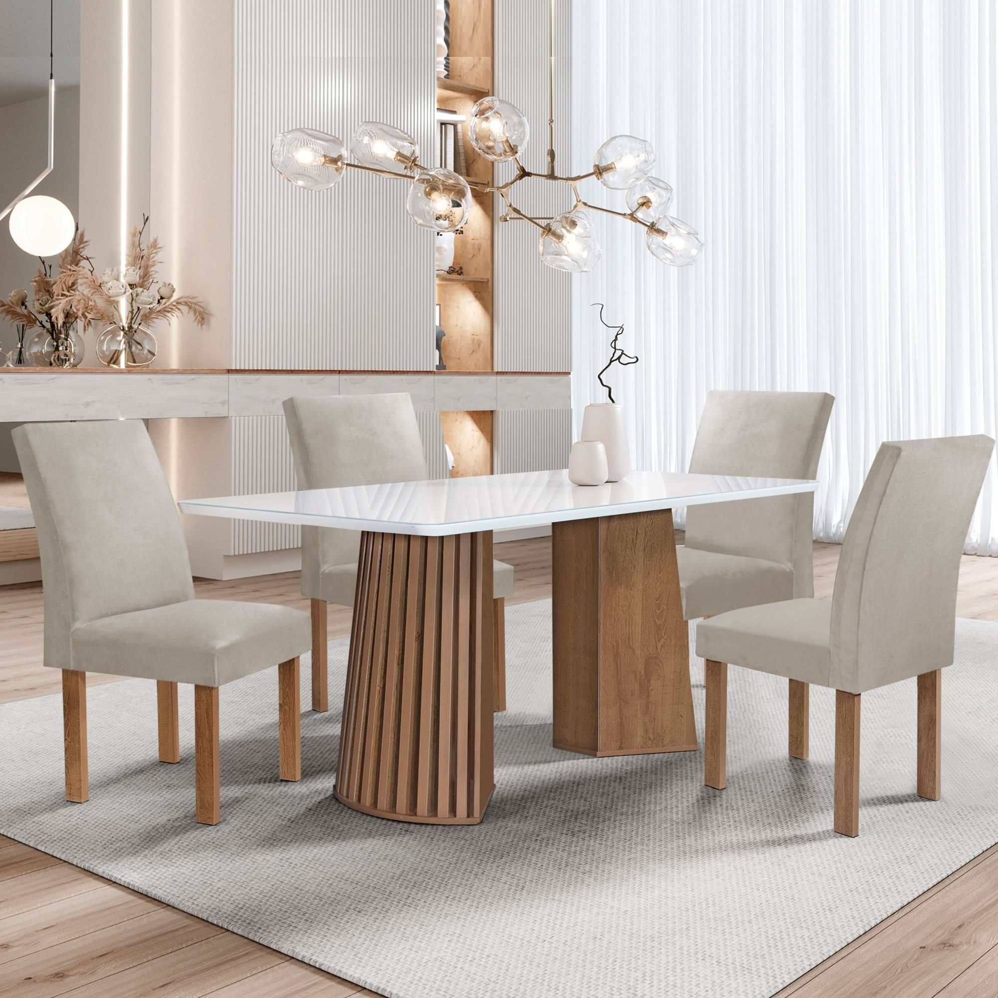 Conjunto Mesa Stella Ripada 120cm Com 4 Cadeiras Canela Tampo Smart Plus Com Vidro Chocolate/off White/veludo Bege Claro
