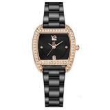 Relógio Feminino Em Aço Inoxidavel Quadrado De Quartzo Design Com Strass Preto