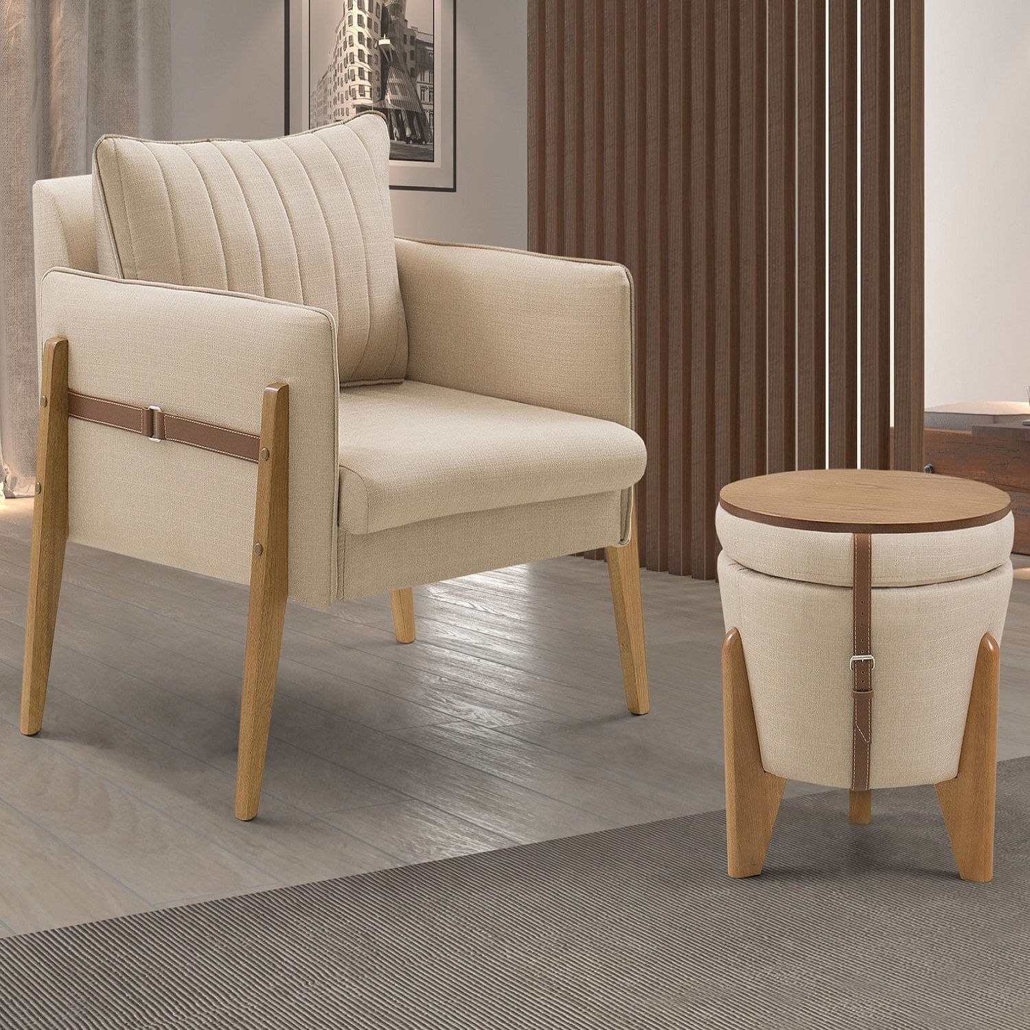 Conjunto Para Sala De Estar Com Poltrona E Puff Orion Veludo Bege