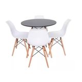 Conjunto De Mesa De Jantar Eames Eiffel Redonda 100cm Tampo De Madeira Preto Com 4 Cadeiras Brancas