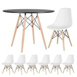 Conjunto De Mesa De Jantar Eames Eiffel Redonda 120cm Tampo De Madeira Preto Com 6 Cadeiras Brancas