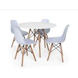 Conjunto De Mesa De Jantar Eames Eiffel Redonda 110cm Tampo De Madeira Branco Com 4 Cadeiras Brancas