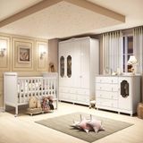 Quarto De Bebê Completo Guarda Roupa 4 Portas Cômoda Com Janelas 4 Berço 2 Em 1 Espresso Móveis Branco Brilho