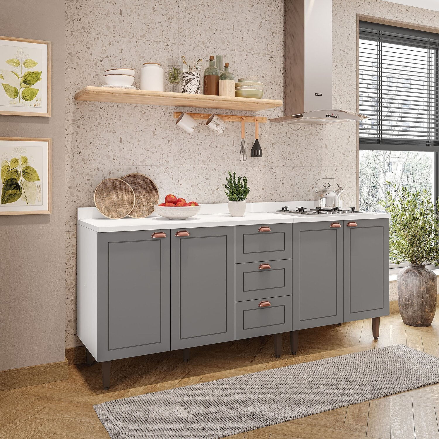 Cozinha Pérola Com Tampo 2 Peças Balcão 2 Gavetas 3 Portas E Balcão 2 Portas Yescasa Branco/cinza