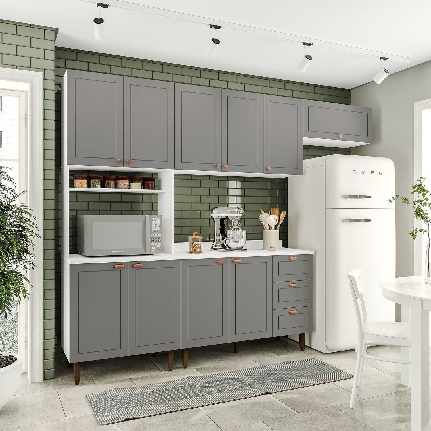 Cozinha Pérola Com Tampo 4 Peças Paneleiro/torre Quente Aéreo 3 Portas Balcão 120 E Basculante Yescasa Branco/cinza