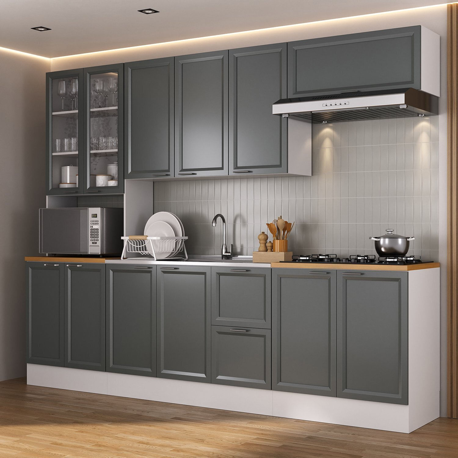 Cozinha Compacta 5 Peças 1 Paneleiro Duplo 2 Aéreos 2 Balcões Soho Cabecasa Madeiramadeira Branco/grafite