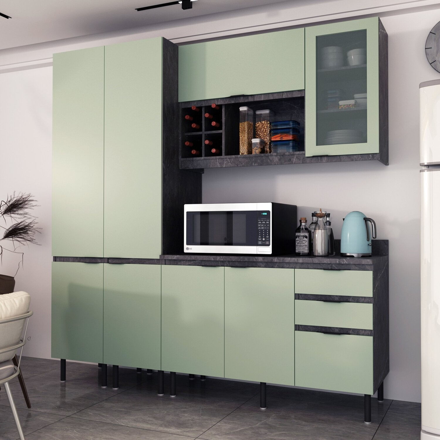 Cozinha Compacta Margarida 200cm Com Tampo, 4 Peças, 8 Portas E 3 Gavetas Com Divisor De Talheres Verde