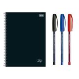 Kit 1 Caderno Espiral Universitário 1 Matéria 80 Folhas Zip + 3 Canetas Esferográfica Trilux