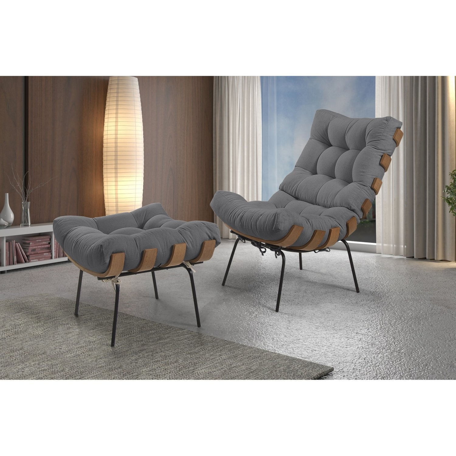 Poltrona Com Puff Costela Veludo Cinza