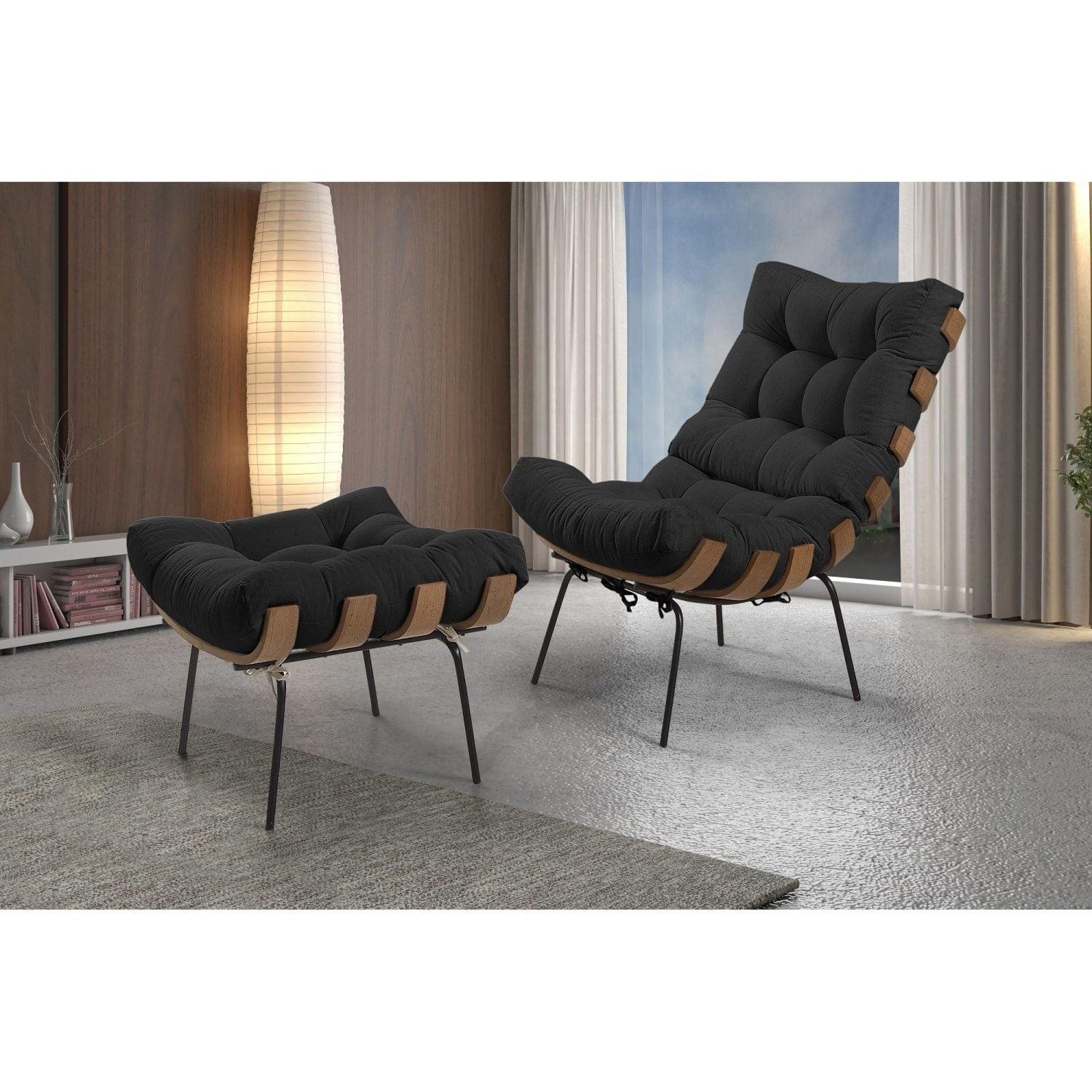 Poltrona Com Puff Costela Veludo Preto