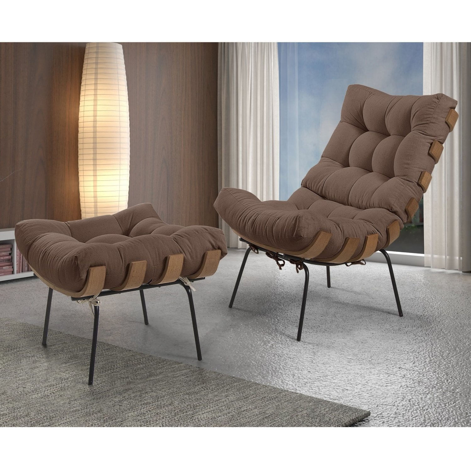 Poltrona Com Puff Veludo Costela Marrom