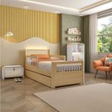 Bicama Solteiro Wave Juvenil Reversível Led Com Rattan Grade De Proteção, Peseira Em Palito Casatema Branco/natural