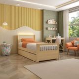 Bicama Solteiro Wave Juvenil Reversível Em Led Com Rattan, Peseira Palito Casatema Branco/natural
