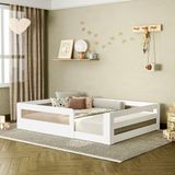 Cama Montessoriana Infantil Space Casal Com Rattan E Grade De Segurança Em Mdp Casatema Branco