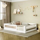 Cama Montessoriana Infantil Space Casal Com Rattan E Grade De Segurança Em Mdp Casatema Branco