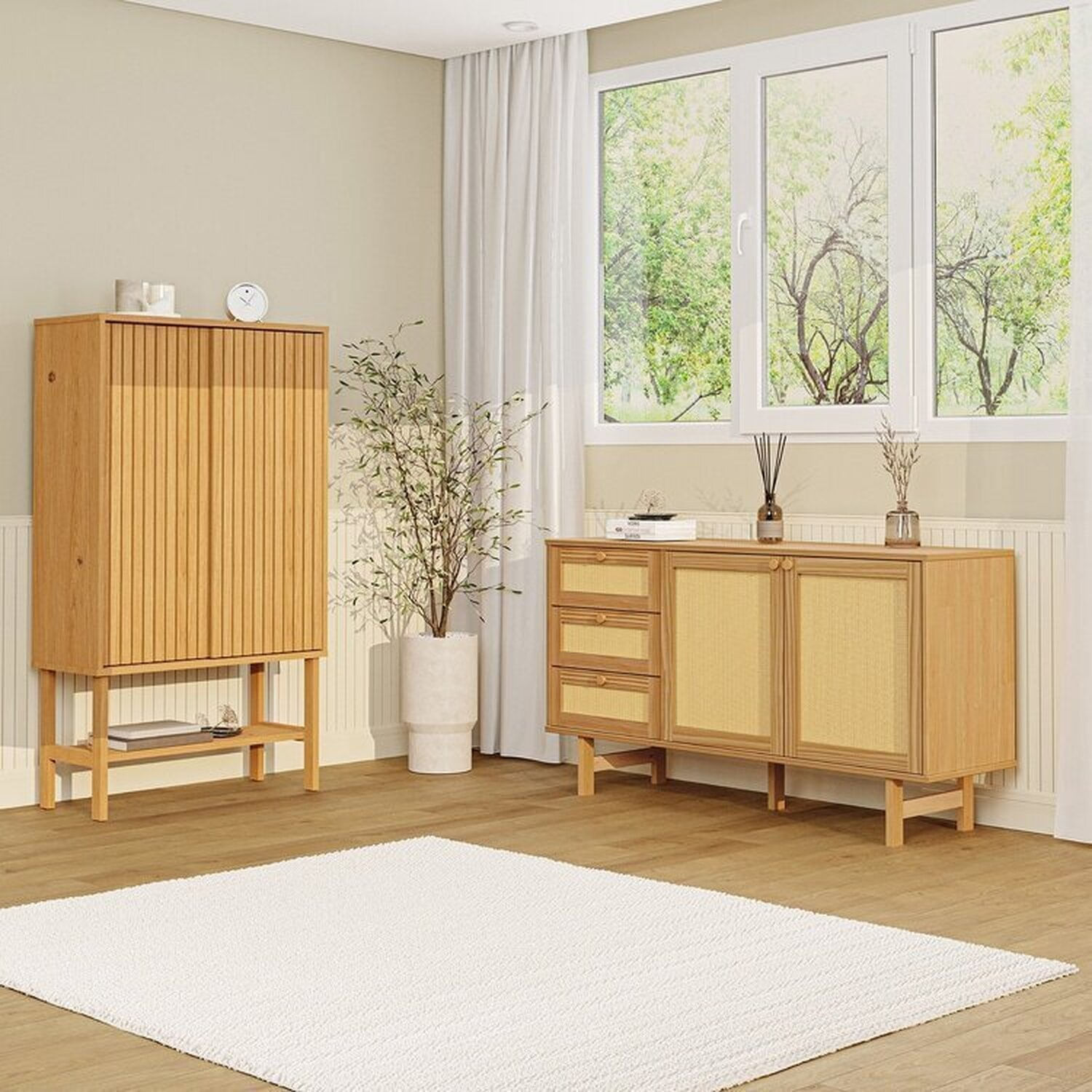 Ki Buffet 2 Portas 3 Gavetas Rattan Com Cristaleira Porta Ripada Magna Cabecasa Madeiramadeira Mel