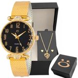 Relogio Feminino Dourado Aço + Colar Coração Brinco + Caixa Mostrador Preto Original Ponteiro Social