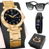 Relogio Aço Feminino + Oculos + Bracelete Digital + Caixa