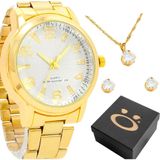 Relogio Feminino Banhado Aço + Brincos Strass Colar + Caixa Social Original Presente Casual Ponteiro