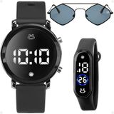 Relogio Preto Led Feminino + Oculos Sol + Bracelete Digital Presente Inoxidável Losango Proteção Uv