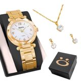 Relogio Feminino Dourado Aço + Caixa + Brinco + Colar Strass