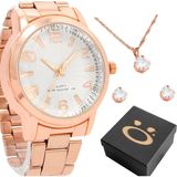Relogio Banhado Rose Feminino + Colar Brincos Strass + Caixa