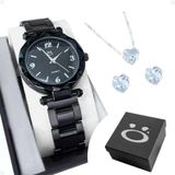 Relogio Feminino Aço Preto + Caixa + Brincos Delicado Social
