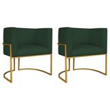 Kit 02 Poltronas Decorativas Luna Base De Ferro Dourado Linho Verde