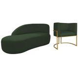 Kit Divã Luna 185cm Lado Esquerdo E 01 Poltrona Base De Ferro Dourado Linho Verde