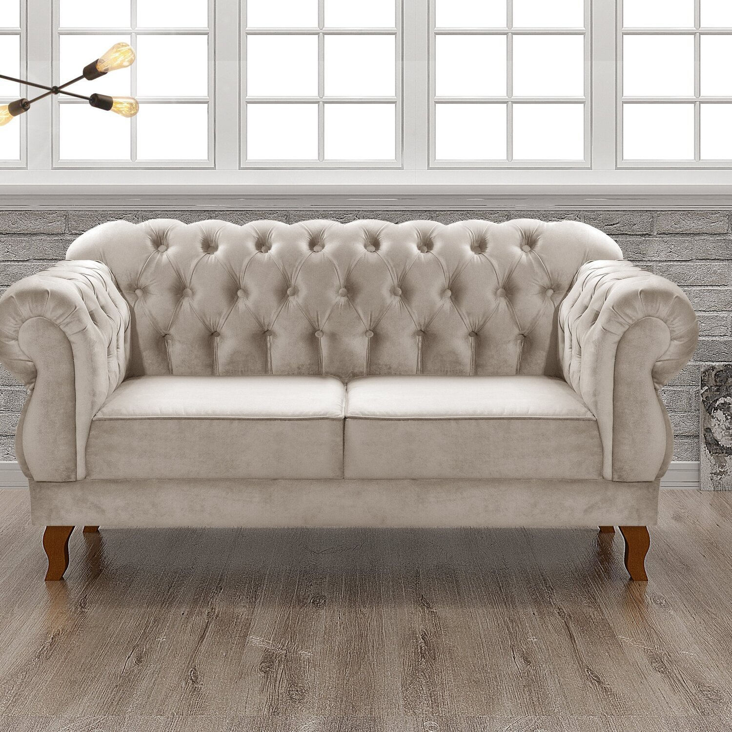 Sofá 2 Lugares Duquesa Chesterfield Decoração Recepção Bege Claro
