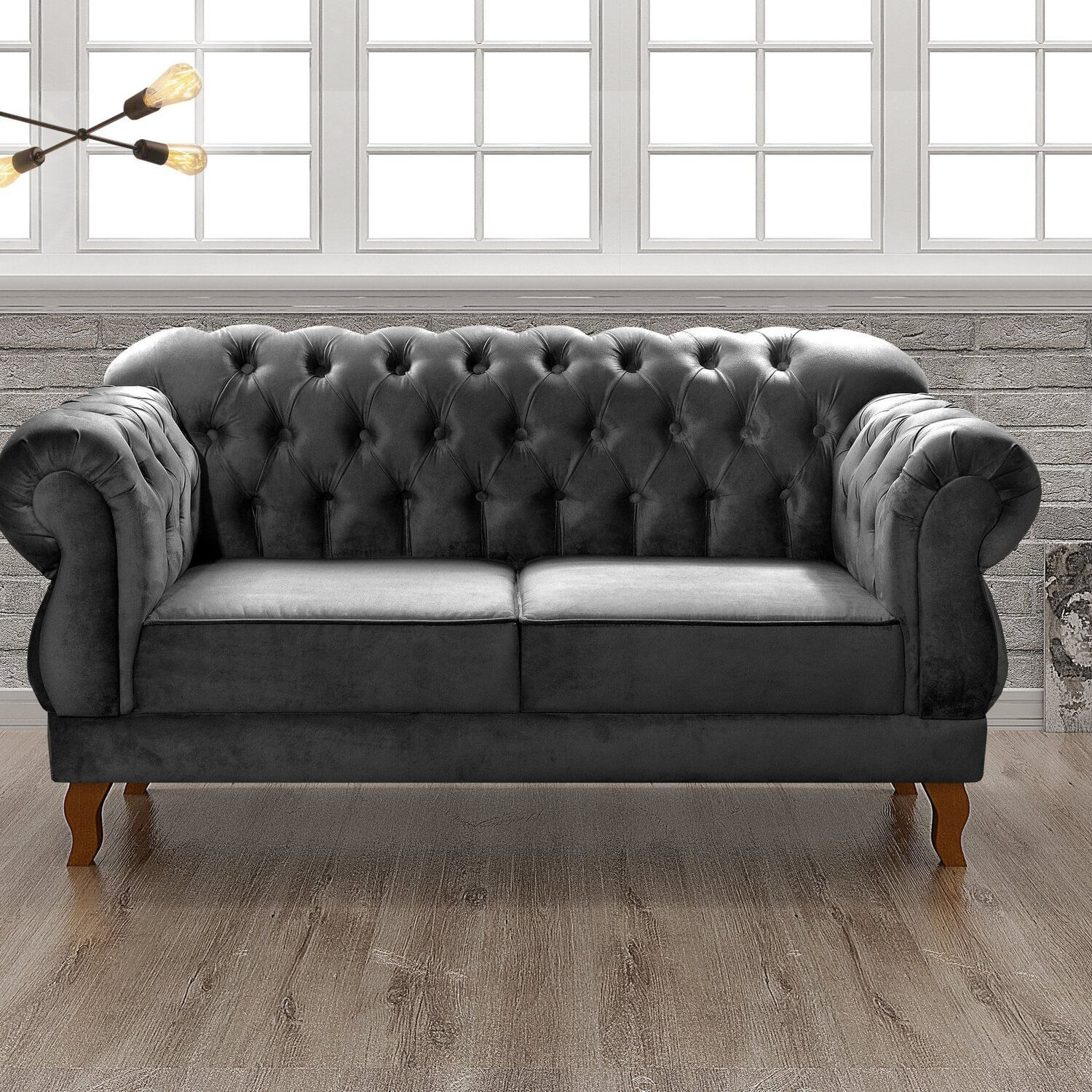 Sofá 2 Lugares Duquesa Chesterfield Decoração Recepção Cinza Grafite