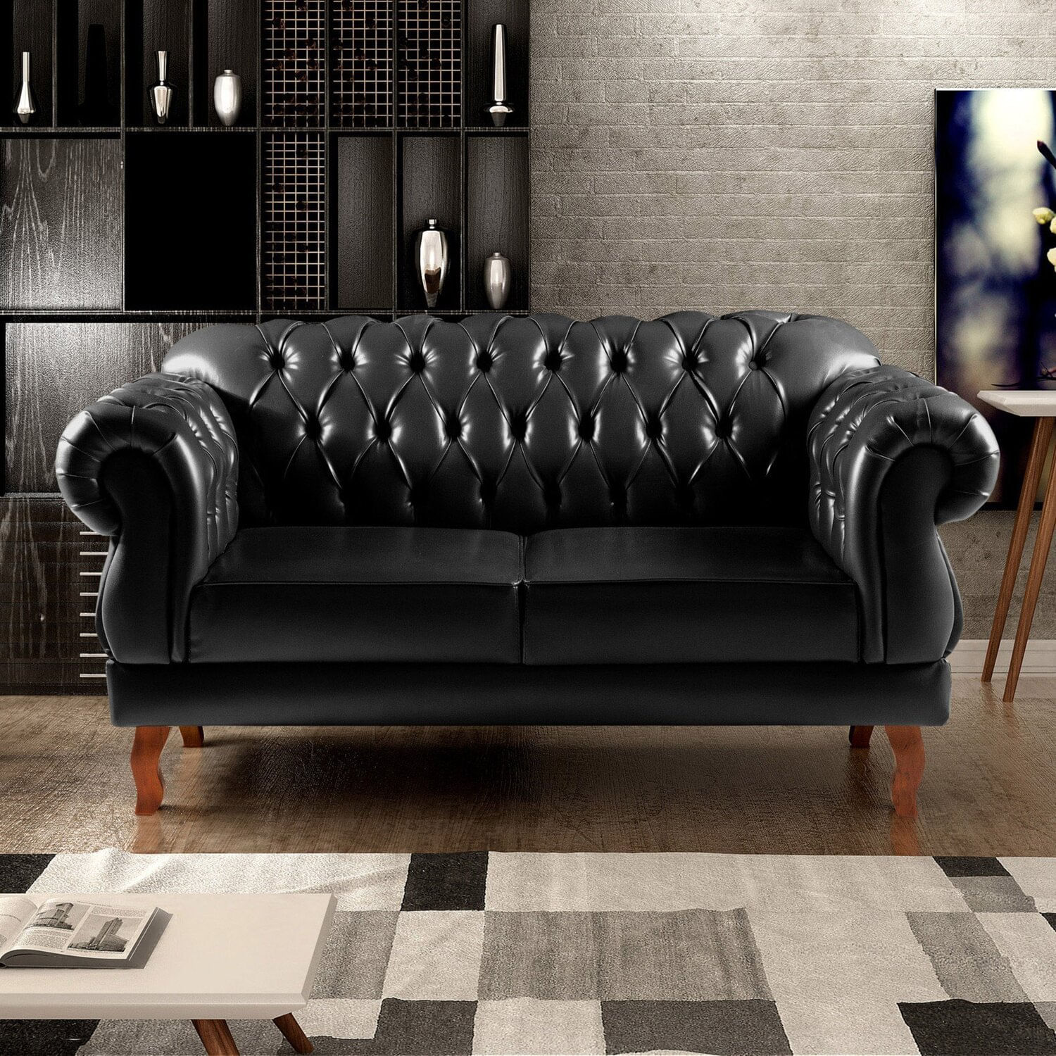 Sofá 2 Lugares Duquesa Chesterfield Decoração Recepção Preto