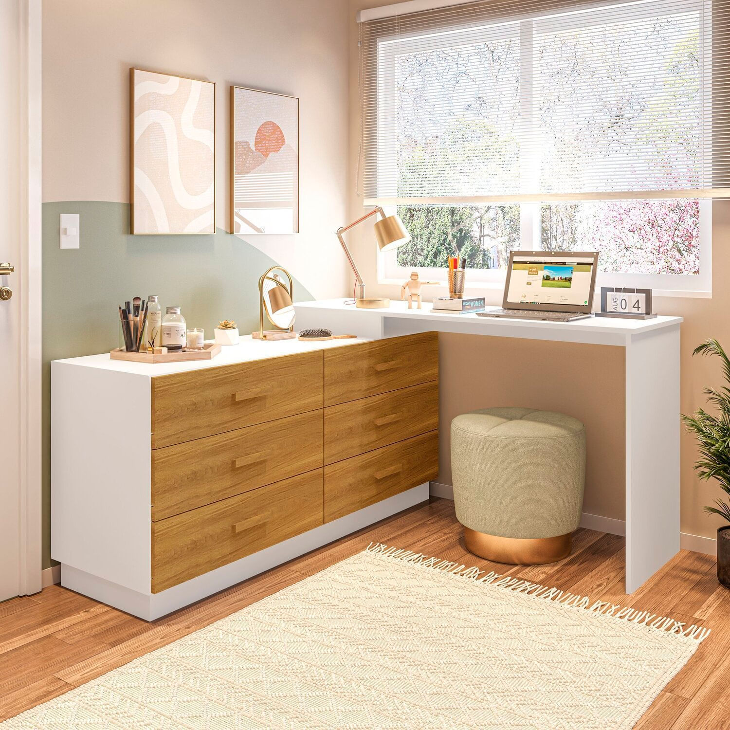 Cômoda Com Escrivaninha Em L Com 6 Gavetas Leonie Yescasa Branco/freijó